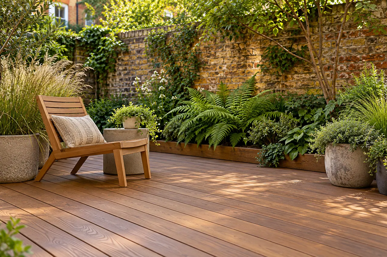 Natural timber decking with a garden chair, planted borders and a brick wall.