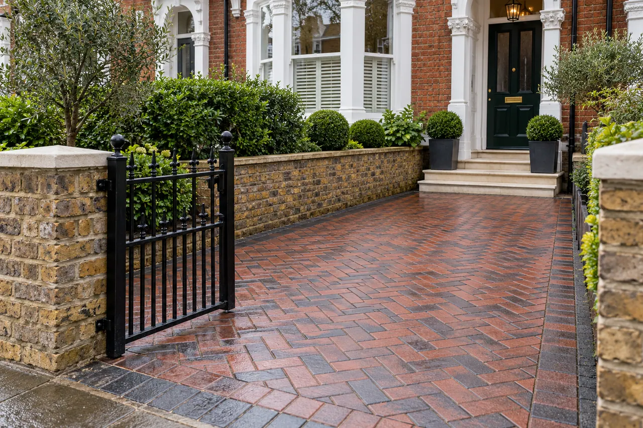 Clean herringbone block paving outside a terraced house.