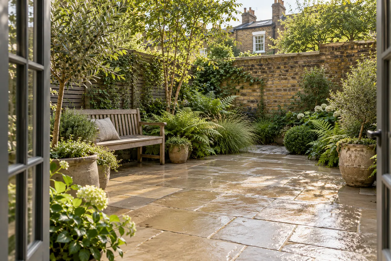 Sandstone patio surrounded by ferns, grasses and an aged brick garden wall.