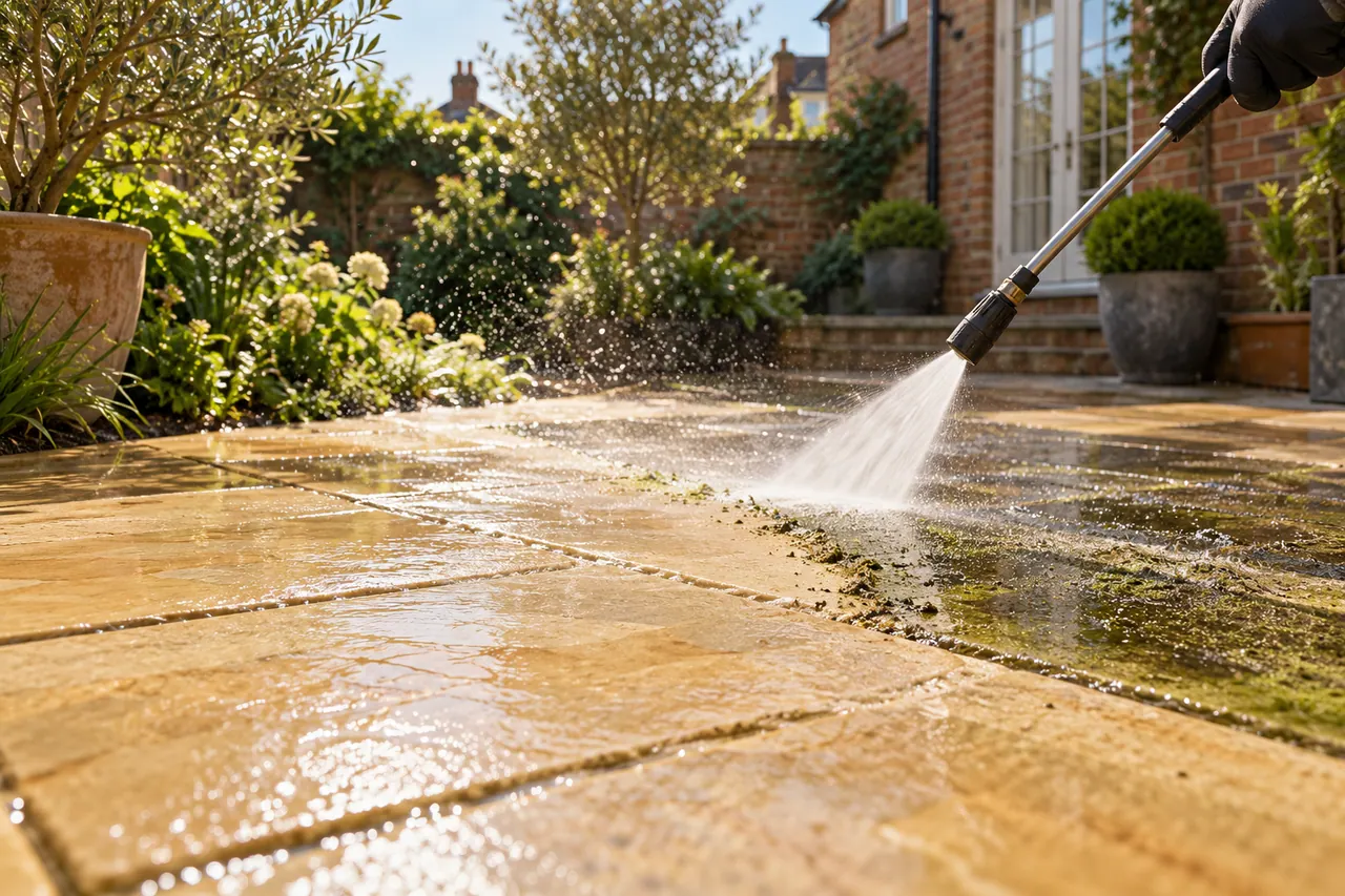 Pressure washer lifting grime from warm stone paving in a back garden.